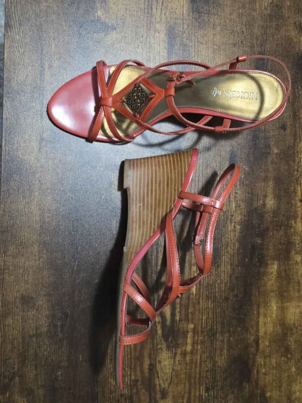 Like New Nicole Miller Coral-Red Strappy Wedge Sandals
